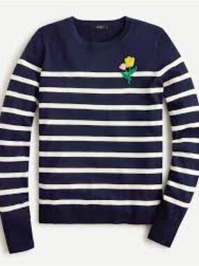 J. Crew MARGOT Navy White Striped Crewneck Sweater Floral Patch MARINIERE BRETON